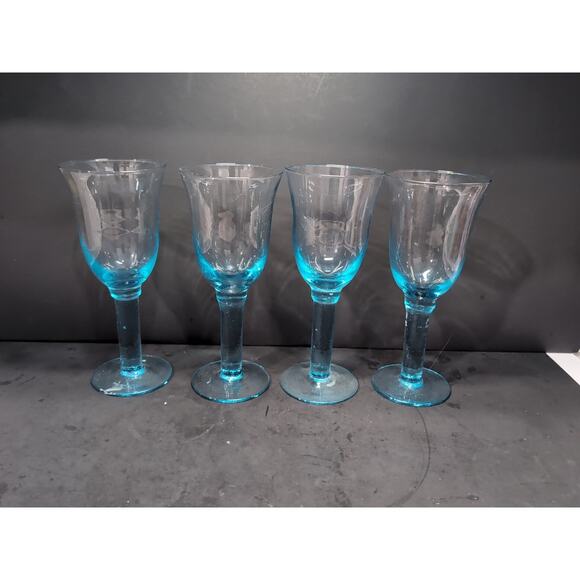 Hand Blown Sky‎ Blue Wine Glasses, Long Stem, Vintage Set of 4, Heavy Glassware - Picture 4 of 9